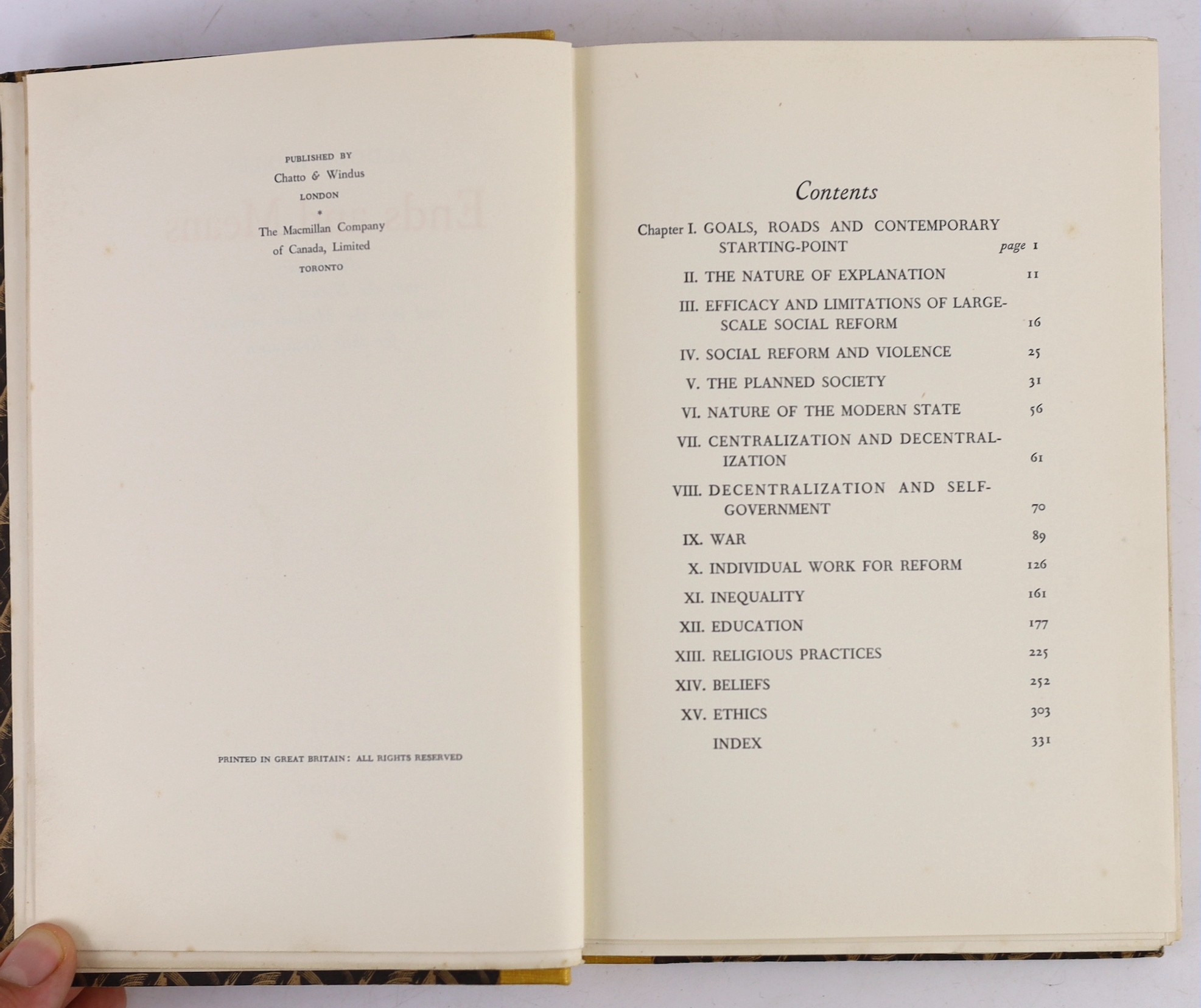 Huxley, Aldous - Ends and Means. An Enquiry into the Nature of Ideals and into the Methods Employed for their Realization, 1st edition, number 115 of 160, signed by the author, 8vo, quarter yellow cloth with patterned bo